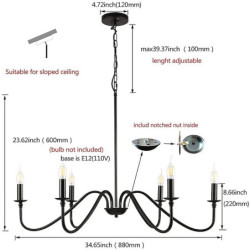 88 cm led pendel 6 lys stearinlys stil industrijern til spisestue, stue, køkken sort moderne traditionel / klassisk