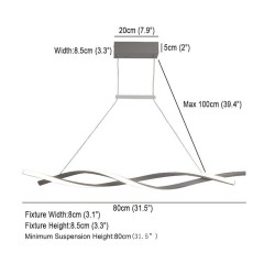 2-lys 80/100cm led pendel aluminium linje design curl wave design justerbar lysekrone nordisk stil spisestue stue lys 36w kun dæmpbar med fjernbetjening