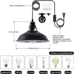 stik i pendel, hængende lampe med sort stald pendel belysning med 14.76ft ledning tænd/sluk-knap, justerbar remskive væglampe hængende lys til køkken soveværelse restaurant