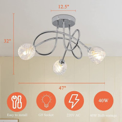 loftslampe 3-vejs moderne spotLyss med buet arm til stuen semi-flush mount armatur spotLys poleret krom med glasskærme (g9 pærer medfølger ikke)