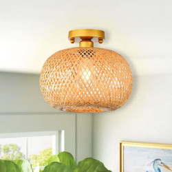 led loftslampe rattan boho lysarmaturer loftsmontering, rattan semi flush mount loftslampe med håndvævet bur lampeskærm, moderne loftslampe til soveværelse køkken gang