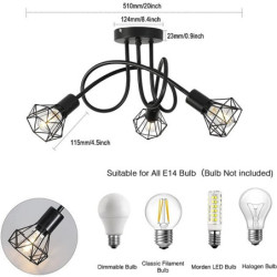 loftslampe industriel 3-vejs lysekrone semi-flush mount e14 base sort metal bur 3 lamper loftslampe til soveværelse stue spisestue gang (pærer medfølger ikke)