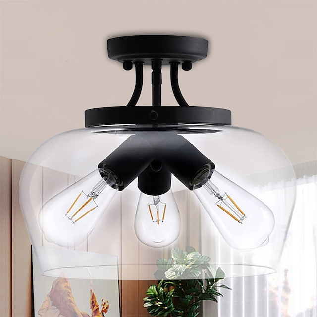 loftslampe moderne industrielt klart glas skærm 3 pærer mat sort semi flush mount loftlampe armatur til køkkenø spisebord entre stue entré foyer